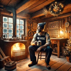 DALL·E 2024 11 20 14.55.55 A scene of an OK VISE metalworker in a cozy cabin by a roaring fireplace. The metalworker is wearing work attire with an OK VISE logo and is relaxing